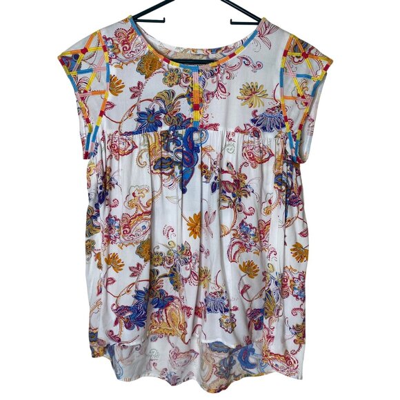 Boho Paisley Rayon Blouse S White Multicolor Cap Sleeve Embroidered Trim Top - Picture 1 of 6